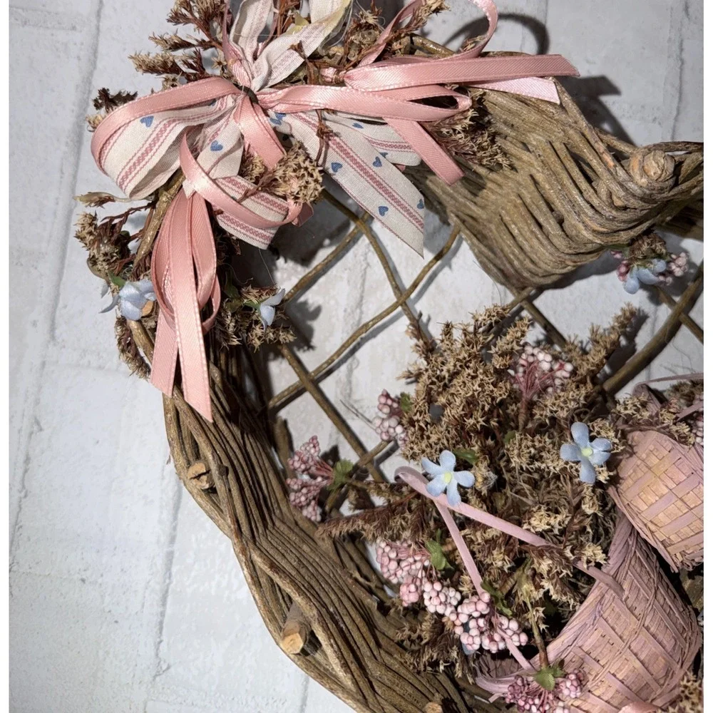 Twig Heart Wreath Primitive Rustic Country Cottage Pink Floral Basket Wall Decor